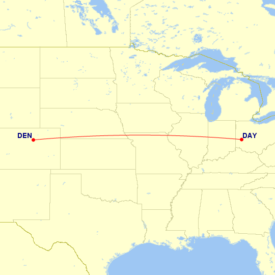 Map of flight route between DEN and DAY, created by Paul Bogard’s Flight Historian