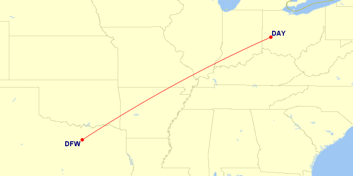 Map of flight route between DFW and DAY, created by Paul Bogard’s Flight Historian
