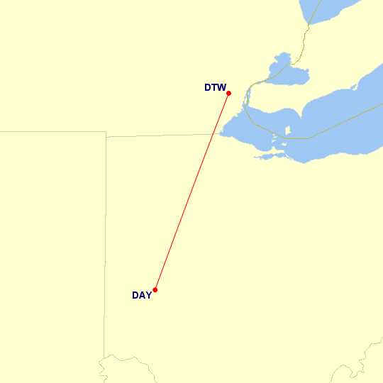 Map of flight route between DTW and DAY, created by Paul Bogard’s Flight Historian