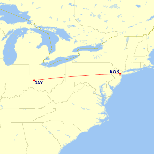Map of flight route between EWR and DAY, created by Paul Bogard’s Flight Historian
