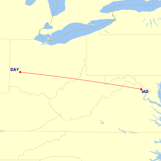 Map of flight route between IAD and DAY, created by Paul Bogard’s Flight Historian