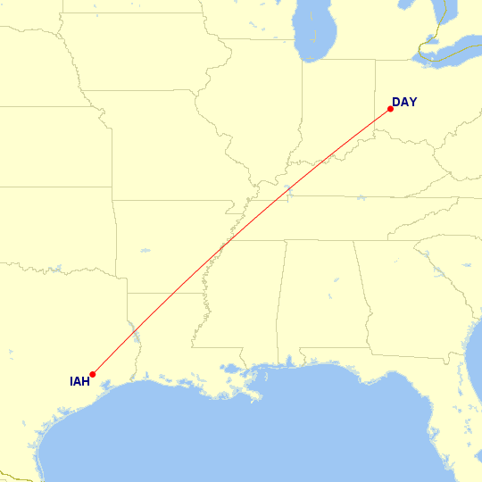 Map of flight route between IAH and DAY, created by Paul Bogard’s Flight Historian