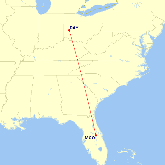Map of flight route between MCO and DAY, created by Paul Bogard’s Flight Historian