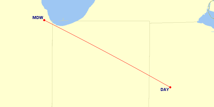 Map of flight route between MDW and DAY, created by Paul Bogard’s Flight Historian
