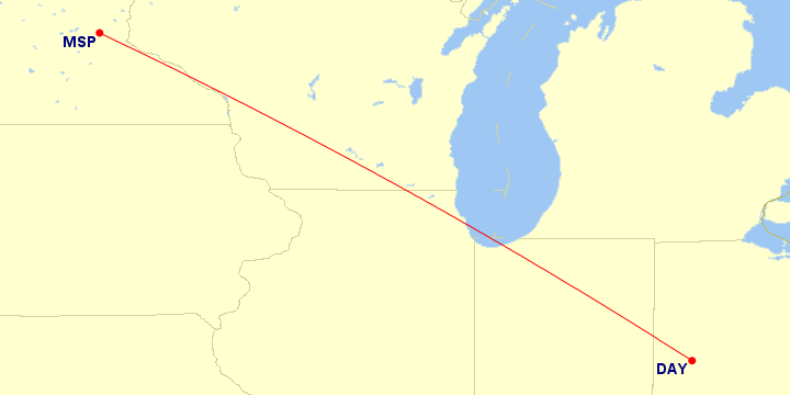 Map of flight route between DAY and MSP, created by Paul Bogard’s Flight Historian