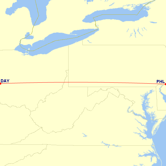 Map of flight route between DAY and PHL, created by Paul Bogard’s Flight Historian