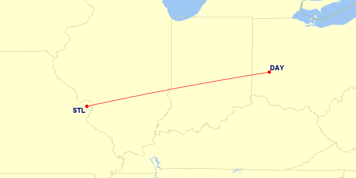 Map of flight route between DAY and STL, created by Paul Bogard’s Flight Historian