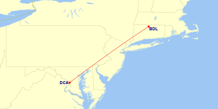 Map of flight route between DCA and BDL, created by Paul Bogard’s Flight Historian