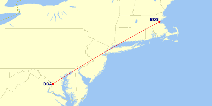 Map of flight route between BOS and DCA, created by Paul Bogard’s Flight Historian