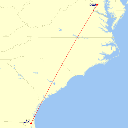 Map of flight route between JAX and DCA, created by Paul Bogard’s Flight Historian