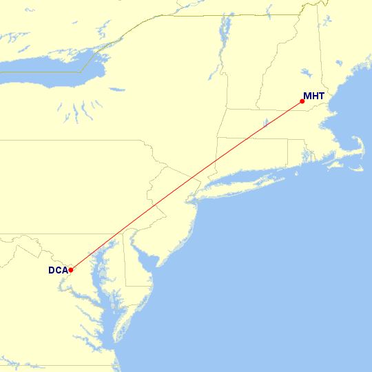 Map of flight route between MHT and DCA, created by Paul Bogard’s Flight Historian