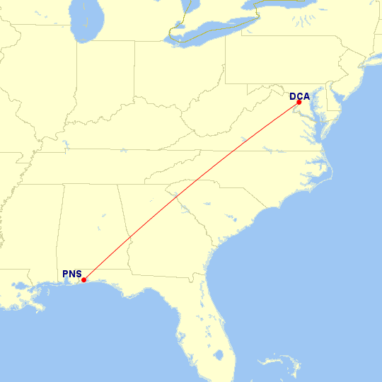Map of flight route between DCA and PNS, created by Paul Bogard’s Flight Historian