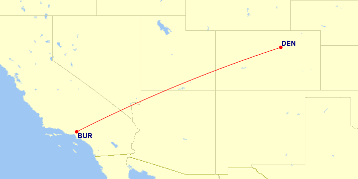 Map of flight route between DEN and BUR, created by Paul Bogard’s Flight Historian