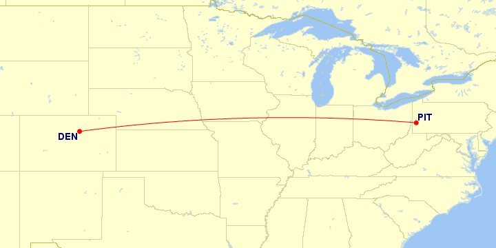 Map of flight route between PIT and DEN, created by Paul Bogard’s Flight Historian