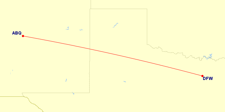 Map of flight route between DFW and ABQ, created by Paul Bogard’s Flight Historian