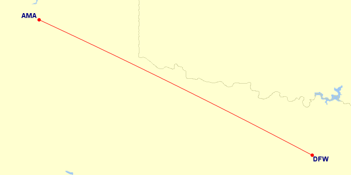 Map of flight route between AMA and DFW, created by Paul Bogard’s Flight Historian