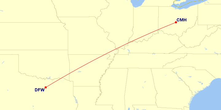 Map of flight route between DFW and CMH, created by Paul Bogard’s Flight Historian