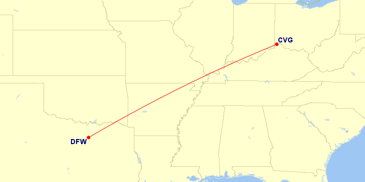 Map of flight route between CVG and DFW, created by Paul Bogard’s Flight Historian