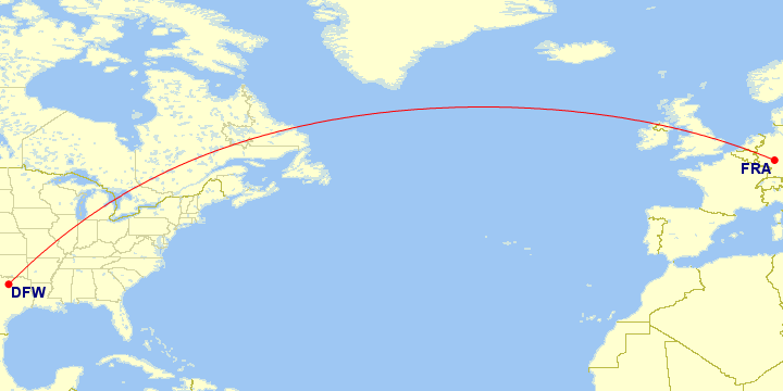 Map of flight route between FRA and DFW, created by Paul Bogard’s Flight Historian