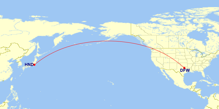 Map of flight route between DFW and HND, created by Paul Bogard’s Flight Historian