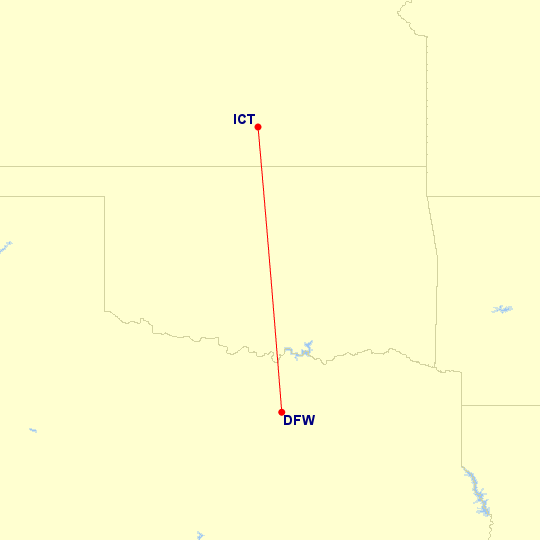 Map of flight route between DFW and ICT, created by Paul Bogard’s Flight Historian