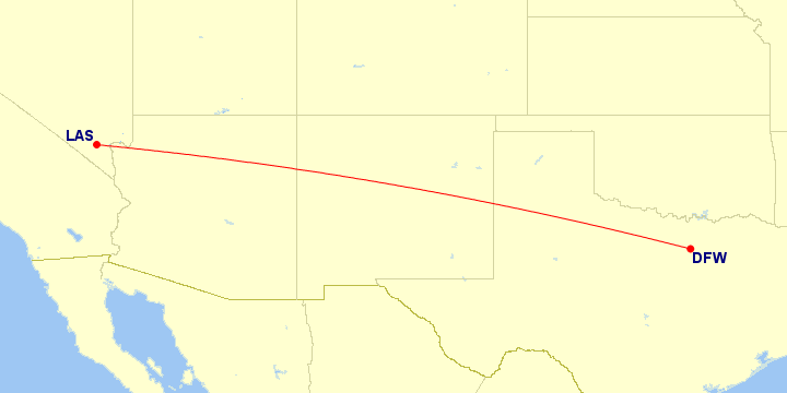 Map of flight route between LAS and DFW, created by Paul Bogard’s Flight Historian