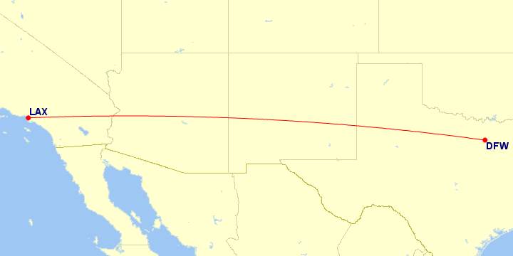 Map of flight route between LAX and DFW, created by Paul Bogard’s Flight Historian