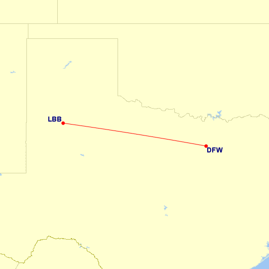 Map of flight route between DFW and LBB, created by Paul Bogard’s Flight Historian