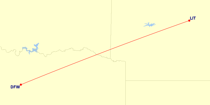 Map of flight route between DFW and LIT, created by Paul Bogard’s Flight Historian