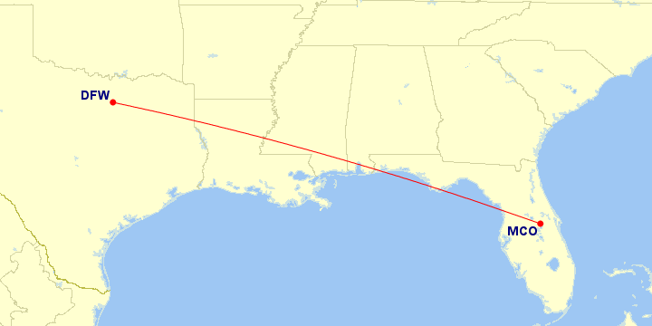 Map of flight route between DFW and MCO, created by Paul Bogard’s Flight Historian