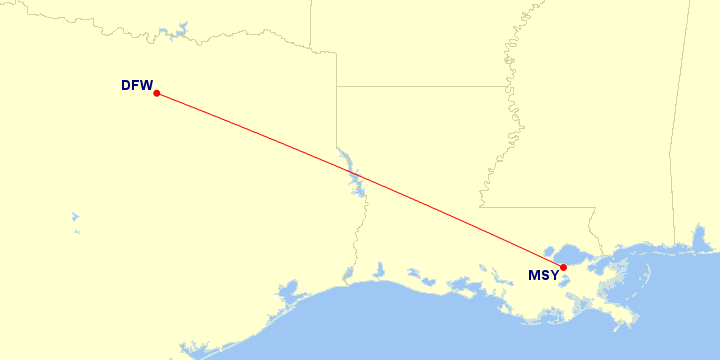 Map of flight route between DFW and MSY, created by Paul Bogard’s Flight Historian