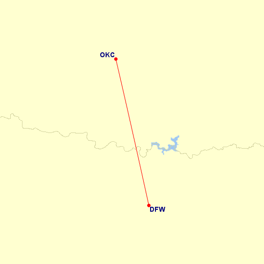 Map of flight route between DFW and OKC, created by Paul Bogard’s Flight Historian