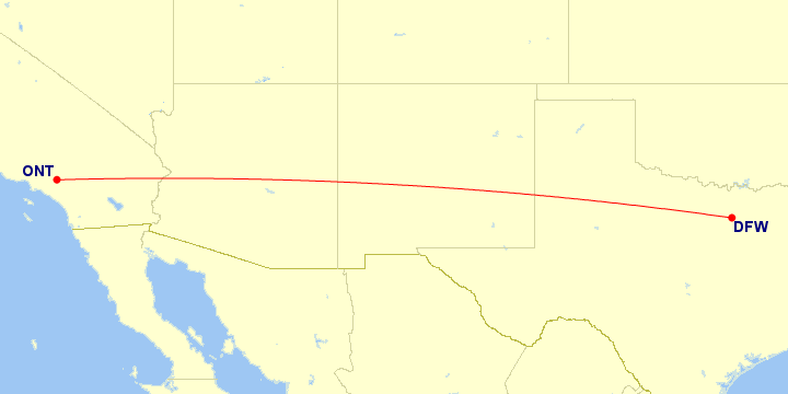 Map of flight route between ONT and DFW, created by Paul Bogard’s Flight Historian