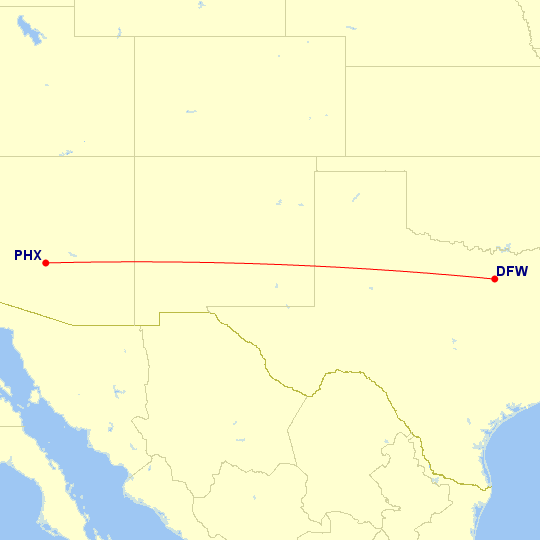 Map of flight route between PHX and DFW, created by Paul Bogard’s Flight Historian