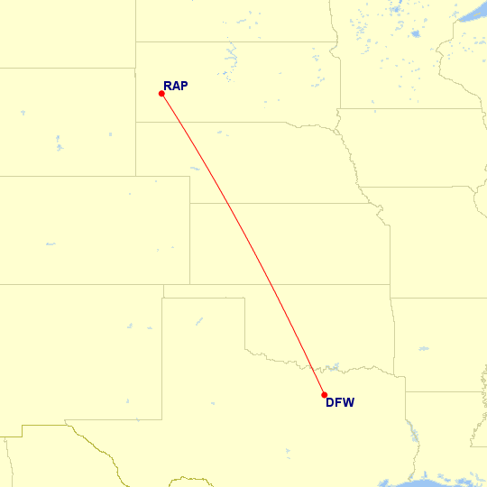Map of flight route between RAP and DFW, created by Paul Bogard’s Flight Historian
