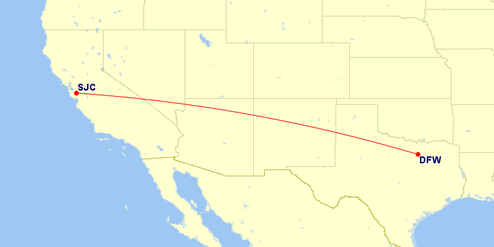 Map of flight route between DFW and SJC, created by Paul Bogard’s Flight Historian