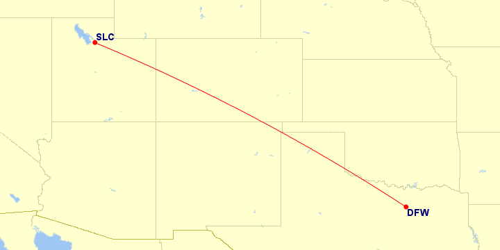 Map of flight route between DFW and SLC, created by Paul Bogard’s Flight Historian