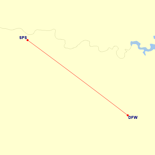 Map of flight route between DFW and SPS, created by Paul Bogard’s Flight Historian