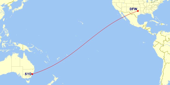 Map of flight route between DFW and SYD, created by Paul Bogard’s Flight Historian