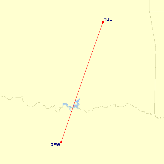 Map of flight route between TUL and DFW, created by Paul Bogard’s Flight Historian
