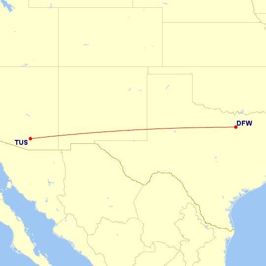 Map of flight route between TUS and DFW, created by Paul Bogard’s Flight Historian
