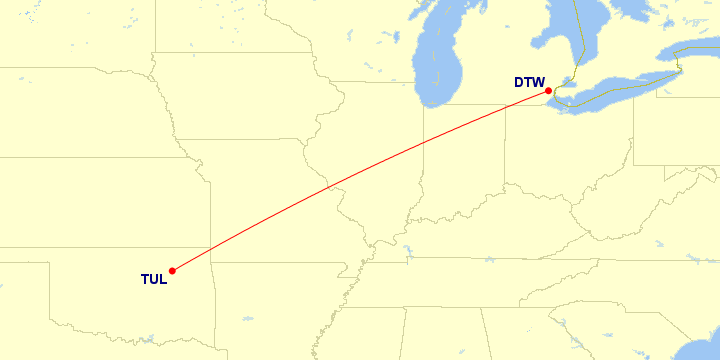 Map of flight route between DTW and TUL, created by Paul Bogard’s Flight Historian