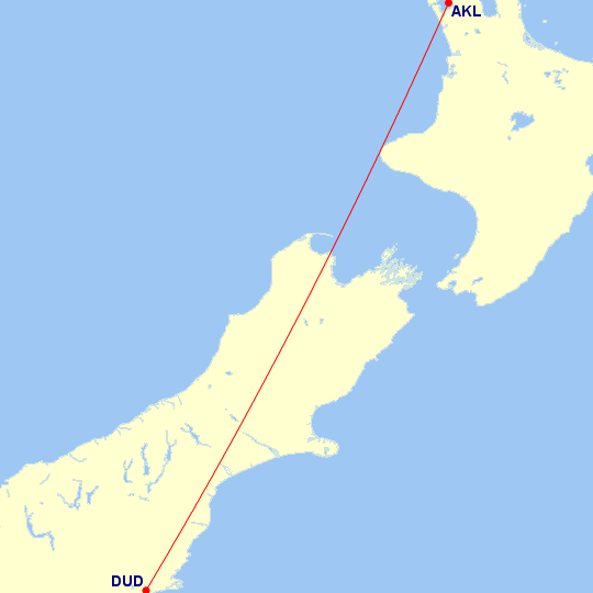 Map of flight route between DUD and AKL, created by Paul Bogard’s Flight Historian