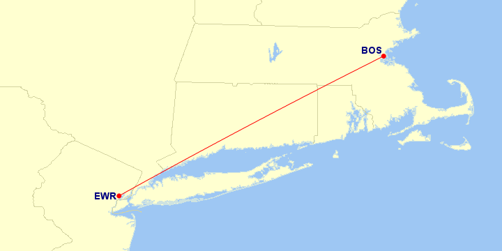 Map of flight route between BOS and EWR, created by Paul Bogard’s Flight Historian