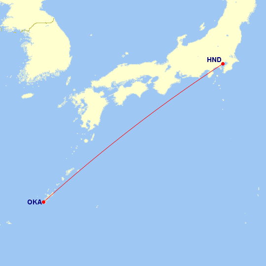 Map of flight route between HND and OKA, created by Paul Bogard’s Flight Historian