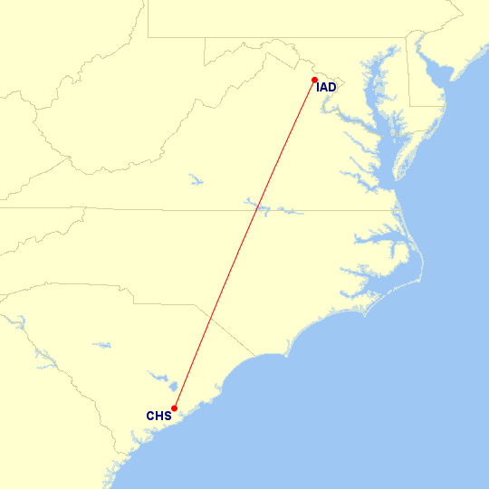 Map of flight route between CHS and IAD, created by Paul Bogard’s Flight Historian