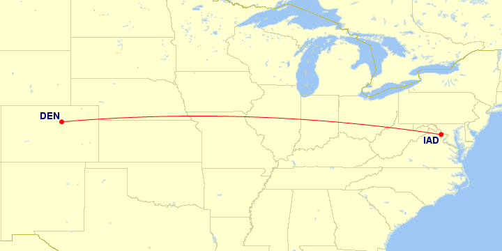 Map of flight route between DEN and IAD, created by Paul Bogard’s Flight Historian