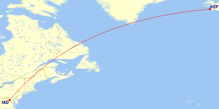 Map of flight route between KEF and IAD, created by Paul Bogard’s Flight Historian