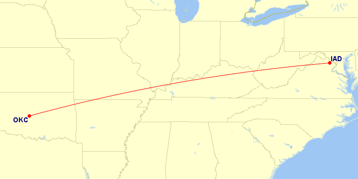 Map of flight route between IAD and OKC, created by Paul Bogard’s Flight Historian