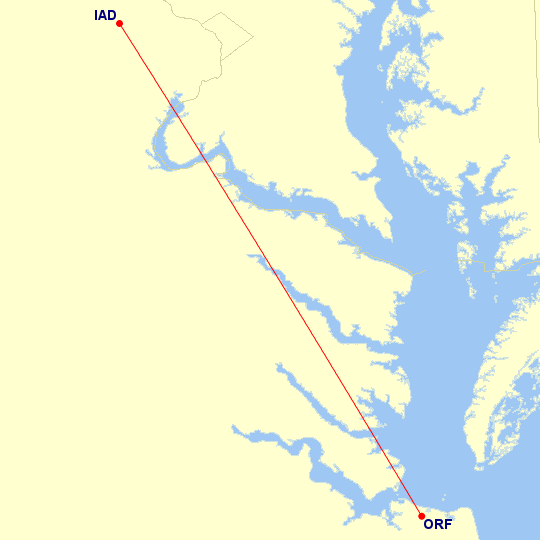 Map of flight route between IAD and ORF, created by Paul Bogard’s Flight Historian